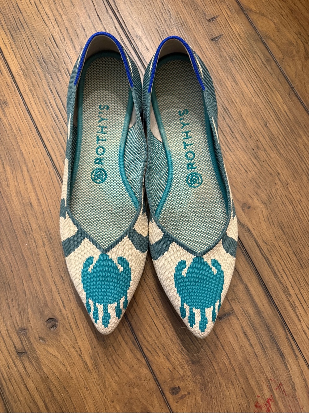 Rothy's The Point flats in the Moroccan Green Ikat pattern